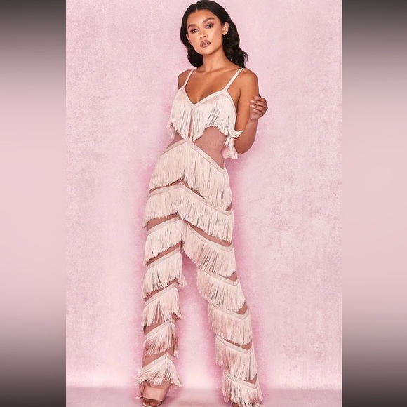 Limited edition HOUSE OF CB ‘Marcella’ Pink Fabulous Fringe Sheer Jumpsuit NWOT - Picture 8 of 14